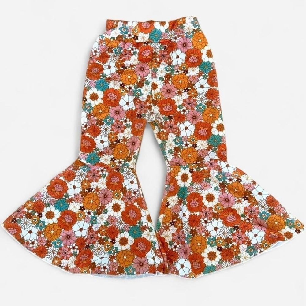 Girls Retro 70s style Floral Bell Bottom Flare Pants Orange Teal Boho 2-3Y